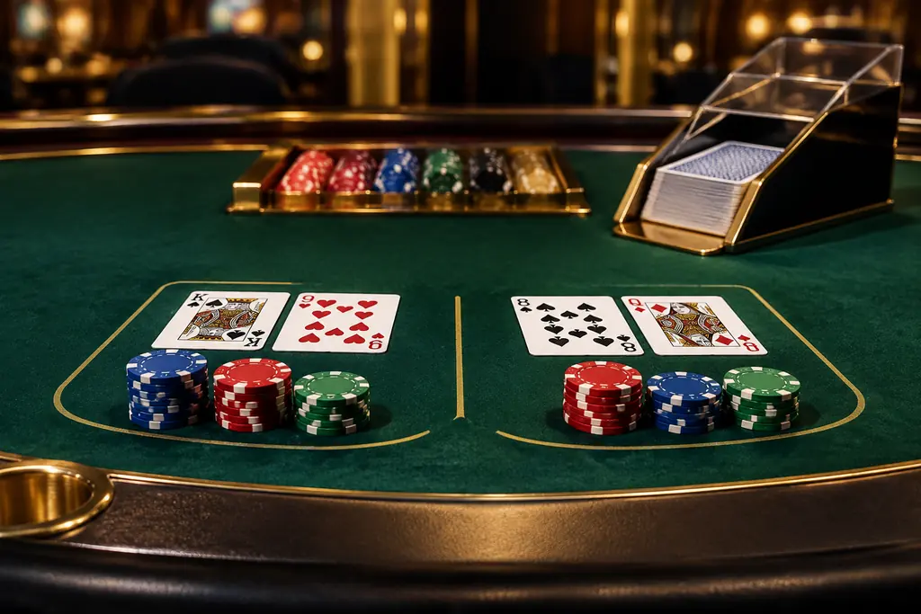 Kartu terbagi dalam dua kelompok di meja baccarat dengan keping