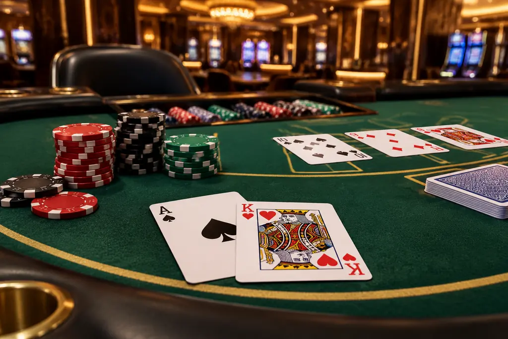 Kartu dan keping di meja blackjack bernuansa jade