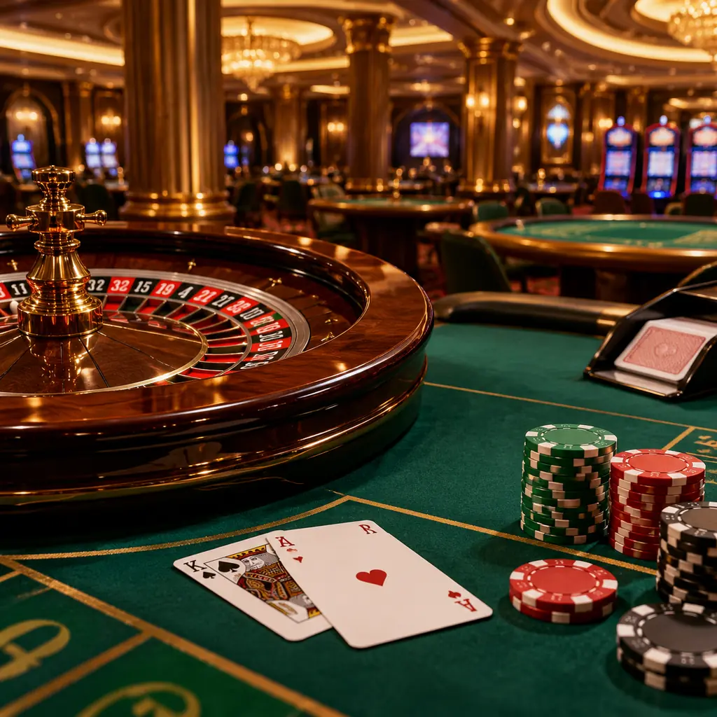 Meja roulette dan kartu di ruang kasino bernuansa hijau jade