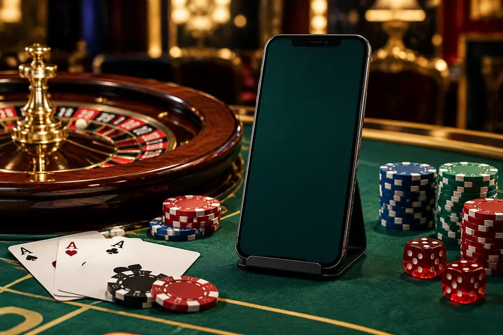 Ponsel tanpa merek di samping roda roulette dan keping kasino
