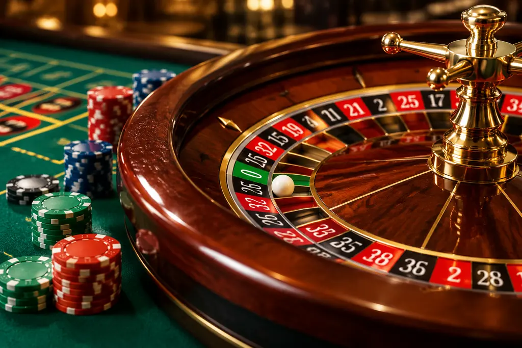 Roda roulette dan keping di atas kain meja hijau